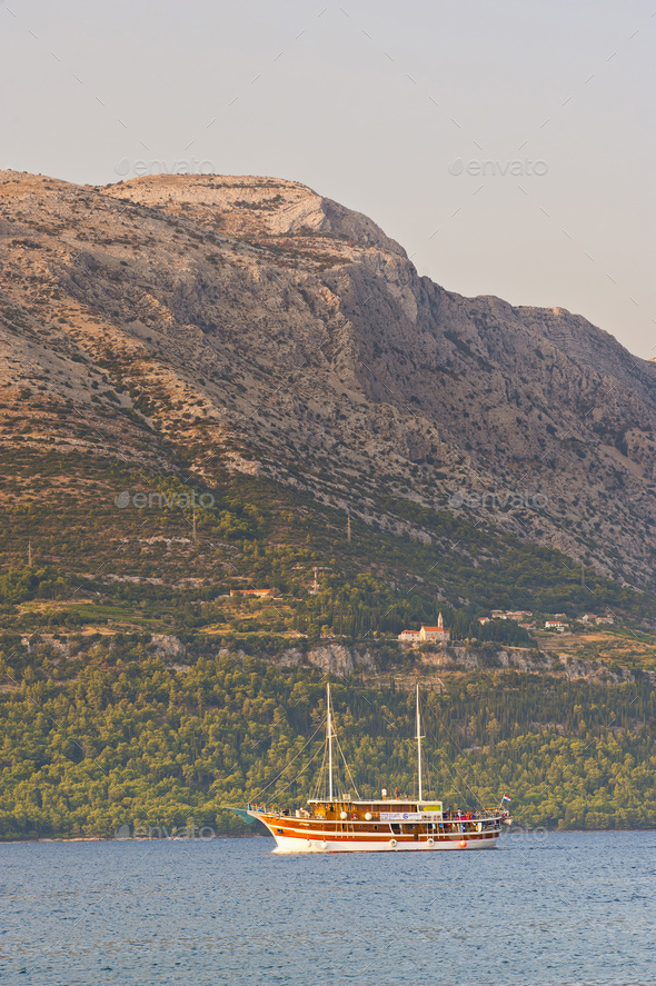 Photo of a sailing ship in Korcula Town Harbor, Korcula Island, Croatia - Stock Photo - Images