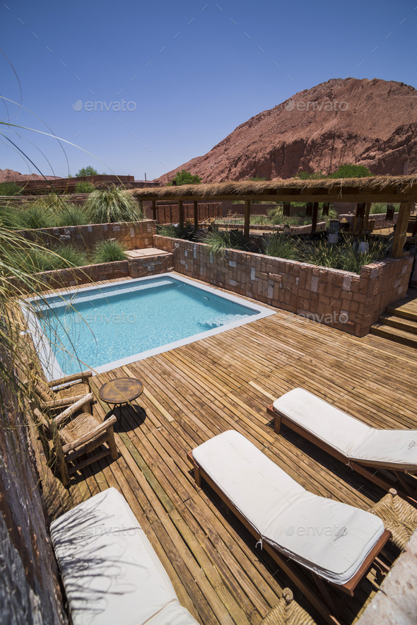 Private swimming pool area at Hotel Alto Atacama Desert Lodge and Spa, San Pedro de Atacama, Atacama - Stock Photo - Images