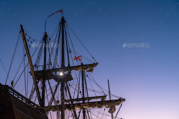 Old ship on the promenade of Muelle Uno in the Malagaport of the city of Malaga - Stock Photo - Images