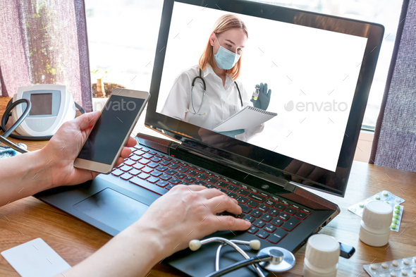 Medicine, telehealth. The doctor conducts a remote consultation, provides online medical assistance