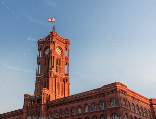 Berlin Town Hall (Rotes Rathaus) and Berlin Flag - Berlin, Germany