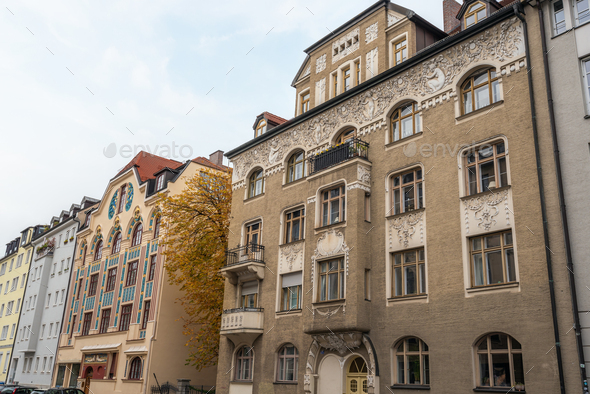 Art Nouveau Buildings in Ainmillerstrasse Street - Munich, Bavaria, Germany - Stock Photo - Images