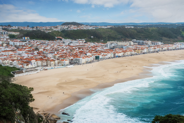 Aerial view of Nazare City and Praia da Nazare Beach - Nazare, Portugal ...