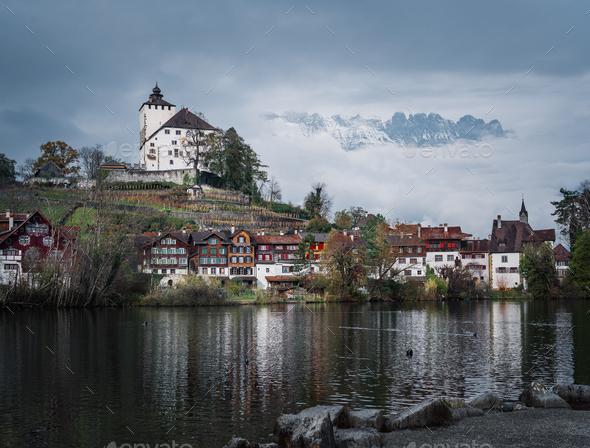 Skyline of Buchs with Werdenberg Castle - Buchs, Switzerland - Stock Photo - Images