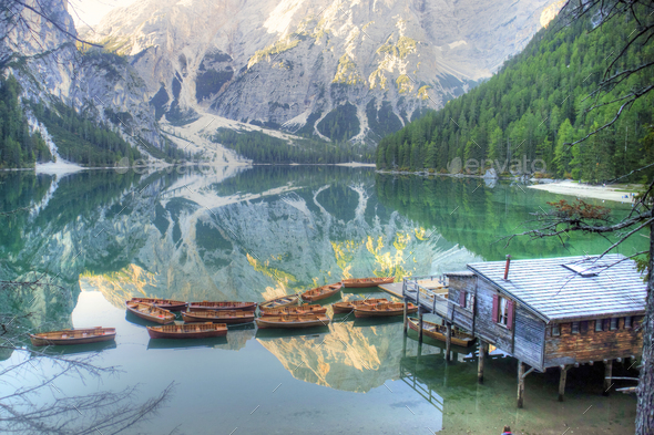 View of the characteristic Braies lake Dolomites Italy - Stock Photo - Images