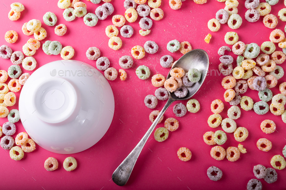 Cereals Pink Bowl Spoon Bottle Milk Pink Box Purple Background