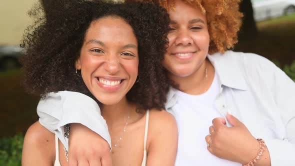Close Up Portrait Lovely Beautiful Happy Lesbian African American Couple Hugging Around City Street