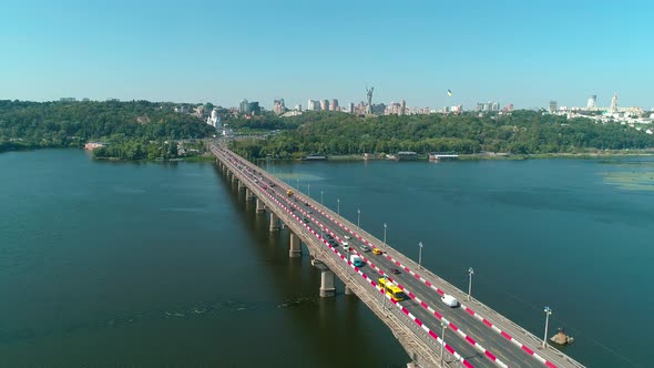 Aerial Drone Footage. Fly Above Paton's Bridge During Reconstruction