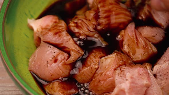 Raw Turkey Fillet in Soy Sauce Close Up Footage