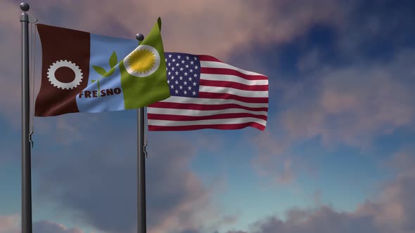 Fresno City Flag Waving Along With The National Flag Of The USA - 4K alt
