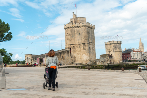 Saint Nicolas Tower of La Rochelle and the marina. Coastal town, France