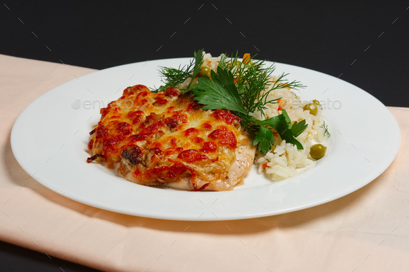 baked chicken fillet with cheese and rice