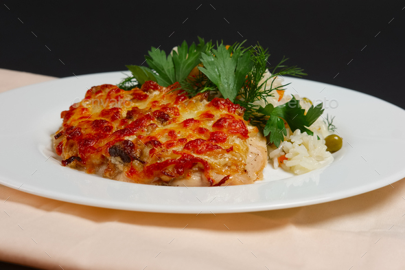 baked chicken fillet with cheese and rice