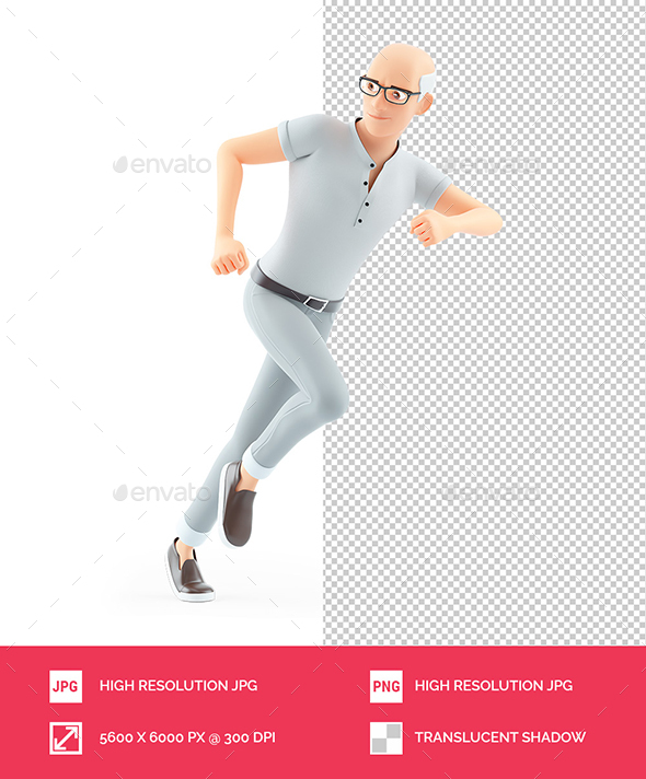 3D Senior Man Running and Looking Back