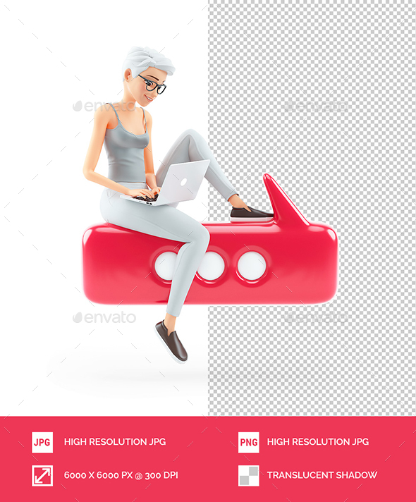 3D Senior Woman with Laptop Sitting on Bubble Talk