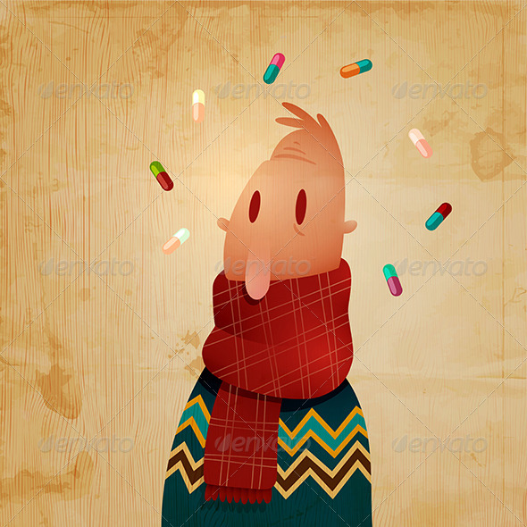 Sick Man Surrounded By Pills - People Characters