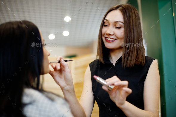 A make-up artist makes makeup for a girl in the salon, applies lipstick, completes the image
