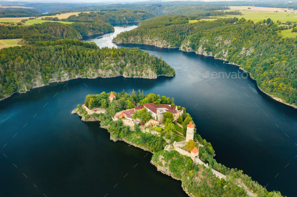 Panoramic view of Zvikov Castle on the hill surraunded by river Vltava and Otava in Czech Republic - Stock Photo - Images