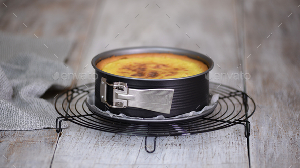Classic French Sweet Flan Patissier In Baking Pan. Stock Photo by