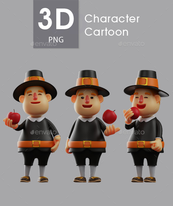 3D Thanksgiving Pilgrim Man Cartoon Picture with three expression
