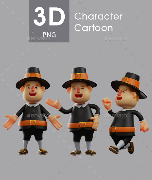 Happy Face Thanksgiving Pilgrim Man 3D Cartoon Set