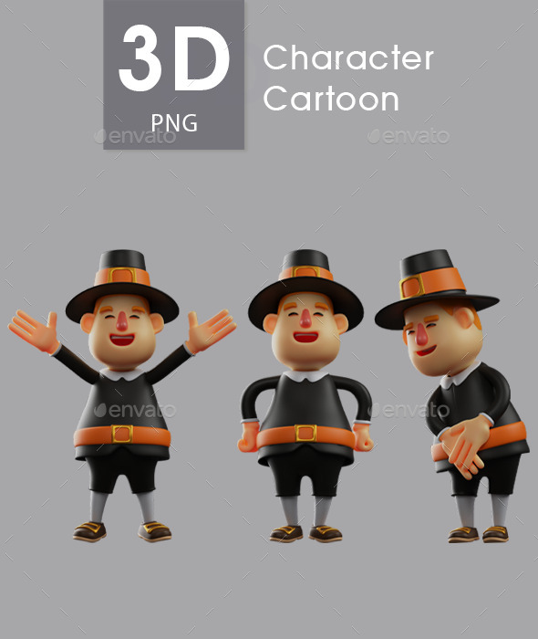 Happy Face Thanksgiving Pilgrim Man 3D Cartoon Set