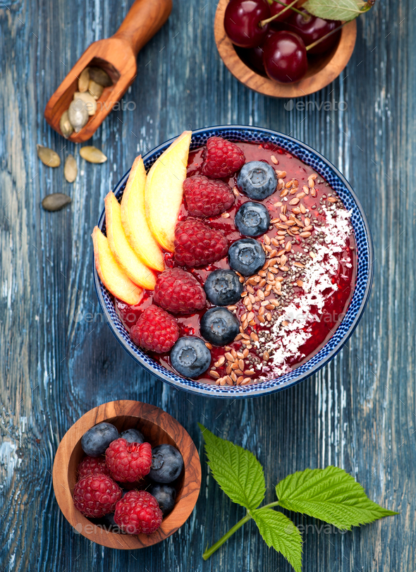 Bowl smoothie with berries and fruits - Stock Photo - Images