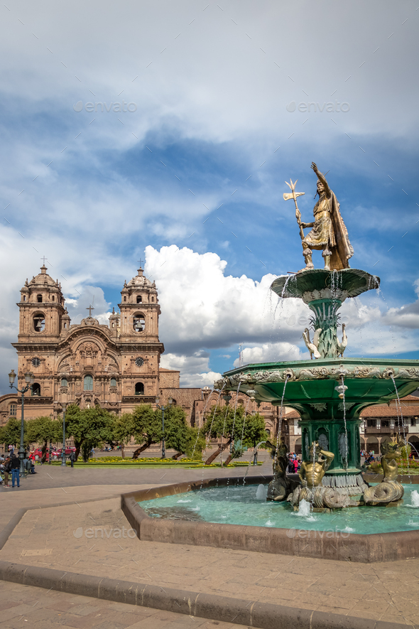 Plaza de Armas with Inca Fountain and Compania de Jesus Church - Cusco ...