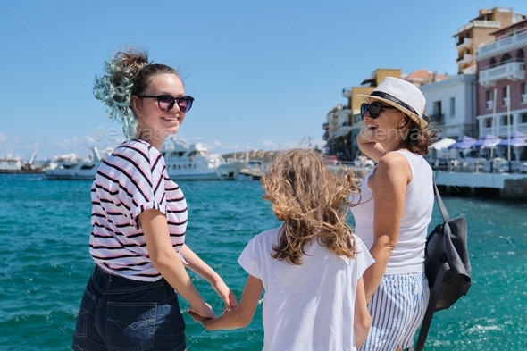 Mother with children Mediterranean summer sea holidays - Stock Photo - Images