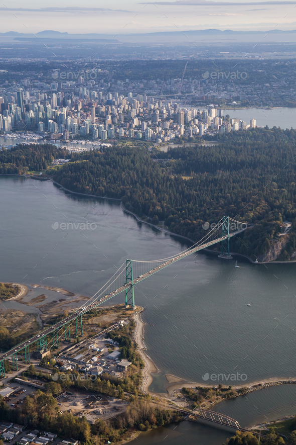 Aerial view on Lions Gate Bridge, Stanley Park, and Downtown Vancouver ...