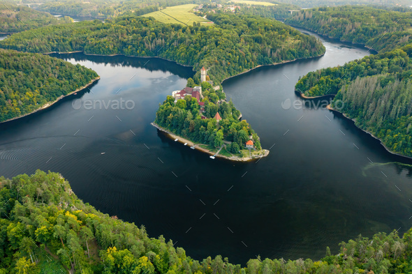 Aerial view of Zvikov catle and rivers Vltava and Otava in South Bohemia region in Czech Republic. - Stock Photo - Images
