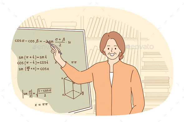 Smiling Aged Teacher Hold Math Class in School