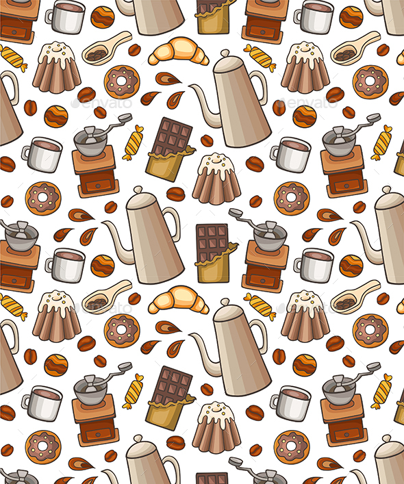 Seamless Pattern with Coffee Pot and Sweets