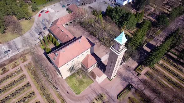 The Red Roof of the Heitaniemi Chapel in Helsinki Finland
