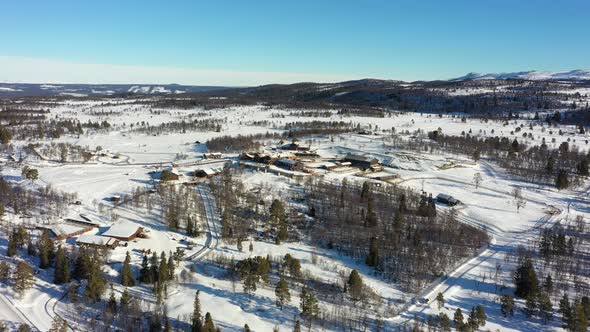 Langedrag nature park panoramic aerial view during sunny winter morning - Rotating slowly around ani alt