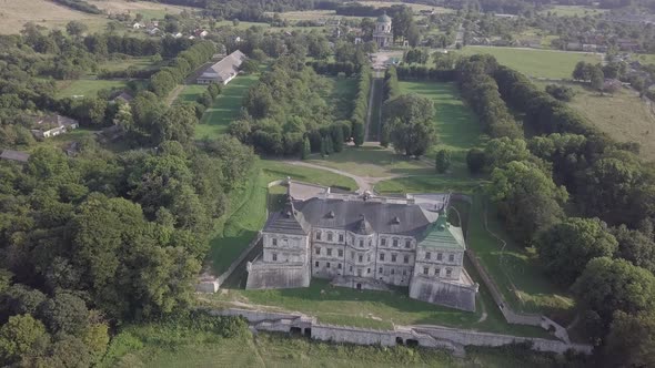 Aerial To Old Romantic Palace Castle Pidhirci in Ukraine