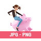 3D Cartoon Woman Riding Piggy Bank