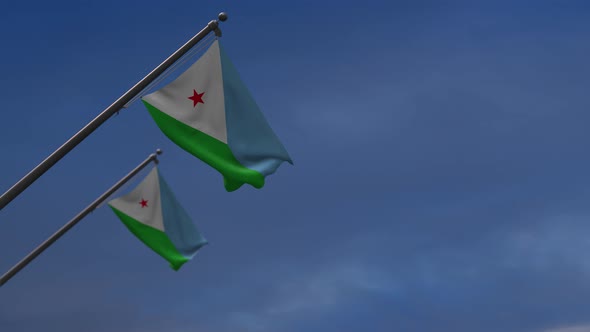 Djibouti Flags In The Blue Sky   4 K