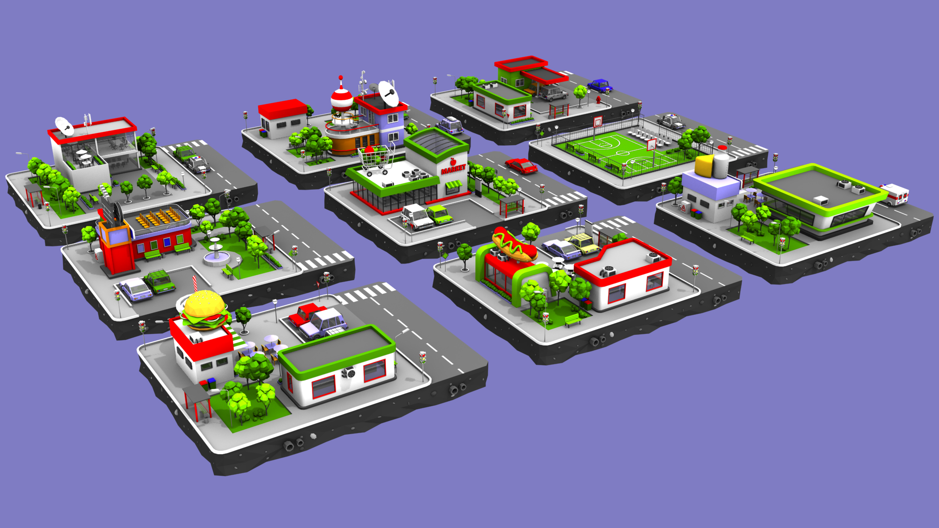 Cartoon Low Poly City - 9 Blocks by LowPolyLand | 3DOcean