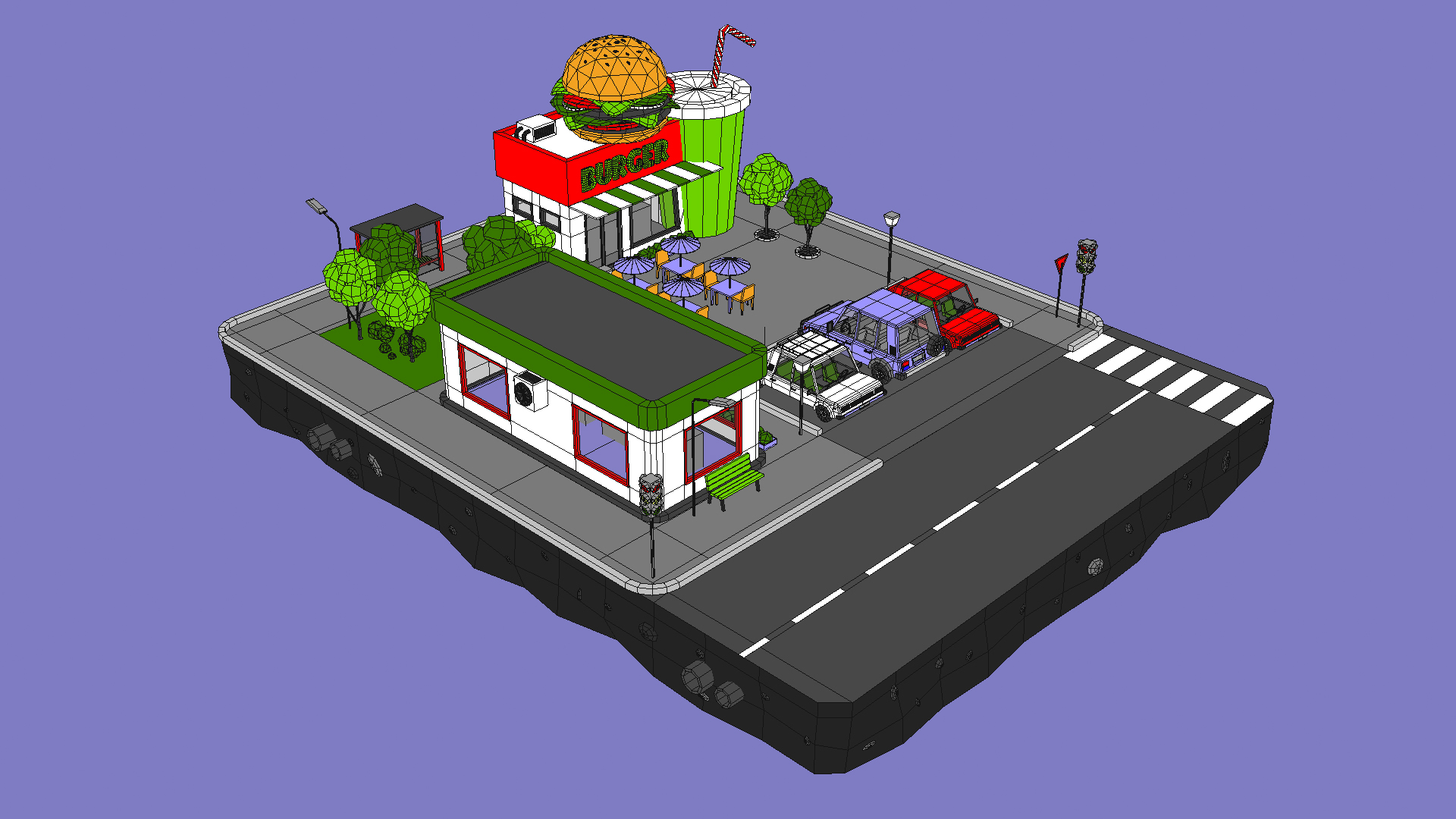 Burger Restaurant Block from Cartoon Low Poly City by LowPolyLand 3DOcean