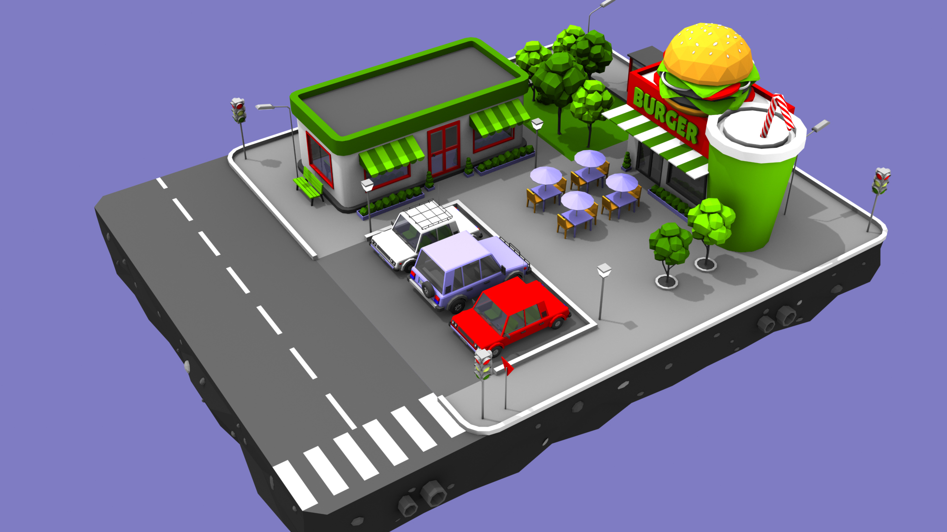 Burger Restaurant Block from Cartoon Low Poly City by LowPolyLand 3DOcean