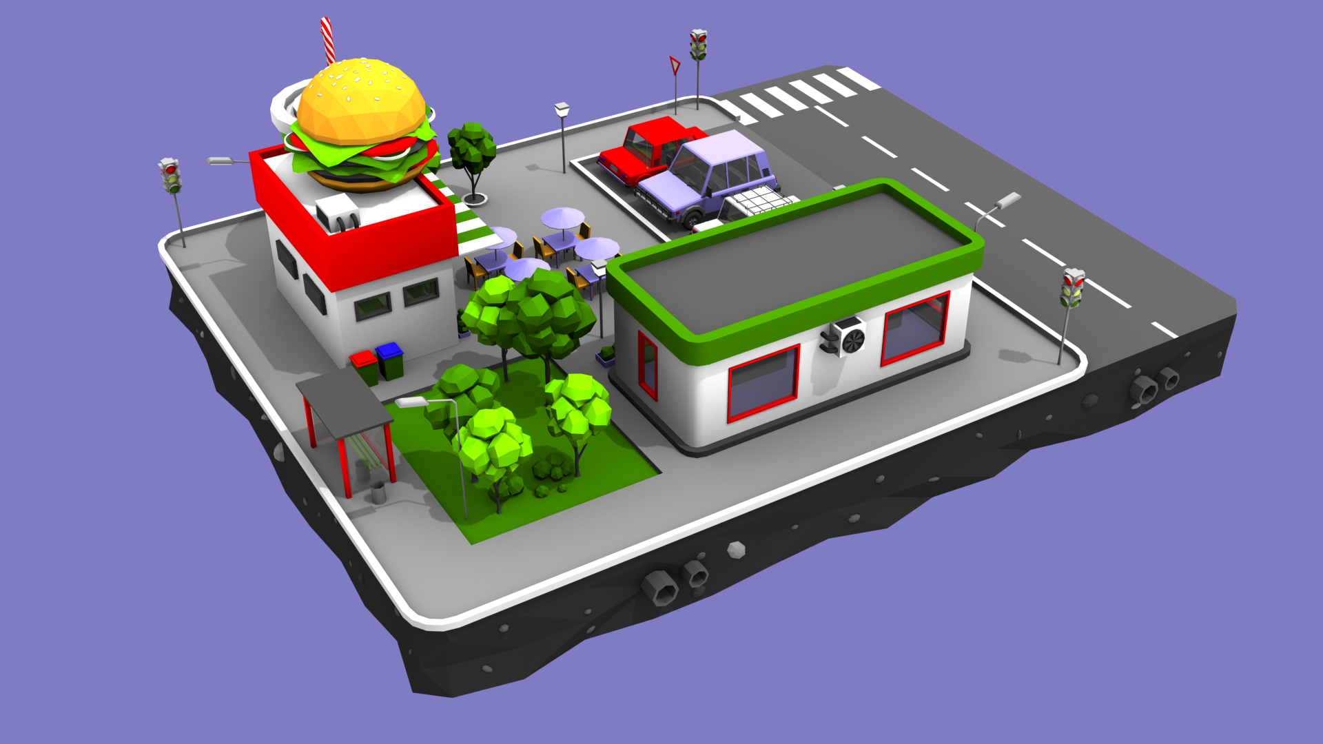 Burger Restaurant Block from Cartoon Low Poly City by LowPolyLand 3DOcean