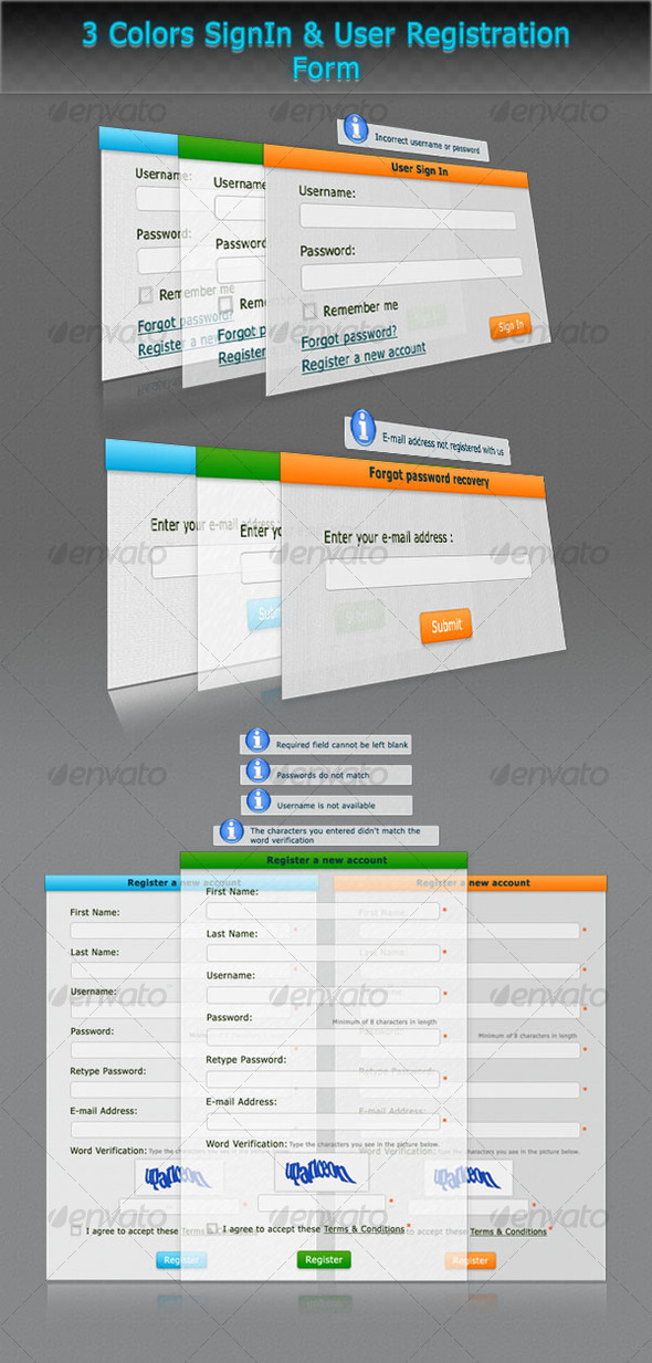 3 Colors SignIn & User Registration Form - Forms Web Elements