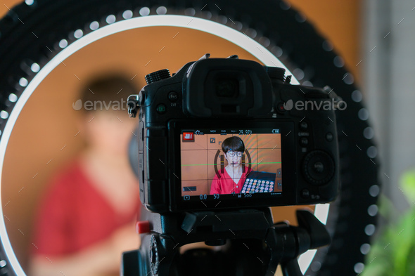 make up artist testing new cosmetics recording video review on cosmetic products home - Stock Photo - Images