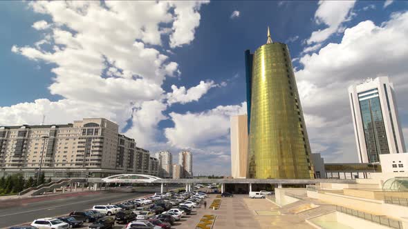 Traffic on the Road and Car Parking Timelapse Hyperlapse Near Altyn Orda Business Center in Downtown alt