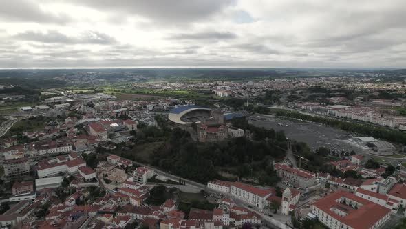 Leiria castle and surrounding landscape, Portugal. Aerial backward ascending
