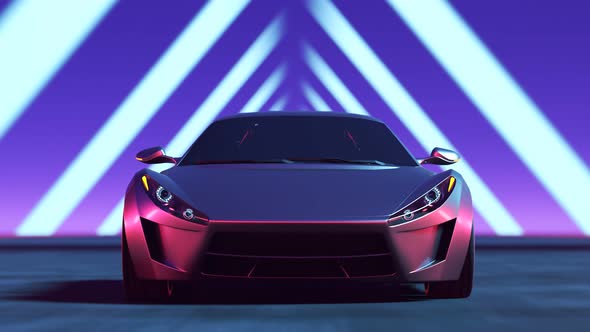 Futuristic concept sports supercar racing through a tunnel made of lights. 4K HD