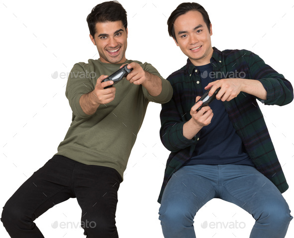 two men sitting in chairs playing a game with nintendo wii controllers