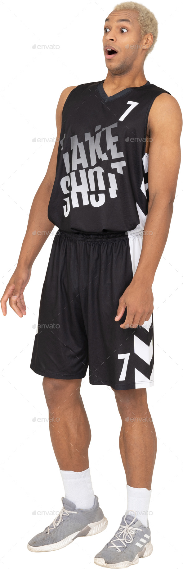 a man wearing black and white basketball shorts and a take shot shirt