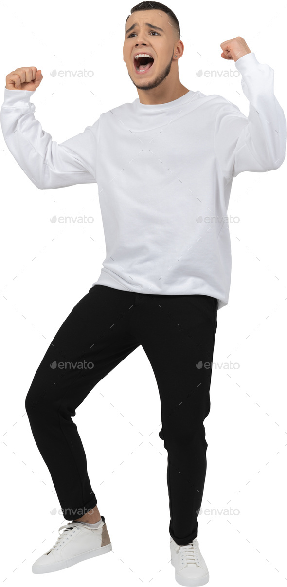 a man in a white sweatshirt and black pants is dancing